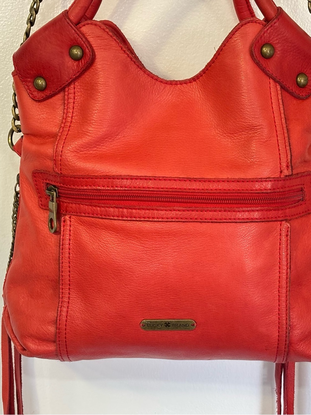Lucky Brand Logan Coral Red Leather Tassel Crossbody Bag Satchel Hobo - Picture 3 of 10